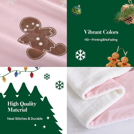 Pink Throw Blanket - Christmas Fluffy Blanket with Gingerbread and Snowflake Pattern - Reversible Sherpa Fleece Soft Blanket - Cozy Lightweight Throw Blanket for Couch Bed Sofa, 50x60 Inches.