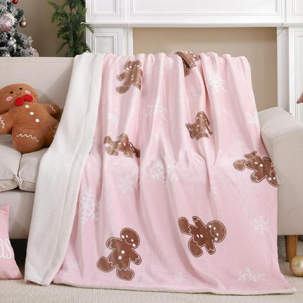 Pink Throw Blanket - Christmas Fluffy Blanket with Gingerbread and Snowflake Pattern - Reversible Sherpa Fleece Soft Blanket - Cozy Lightweight Throw Blanket for Couch Bed Sofa, 50x60 Inches.