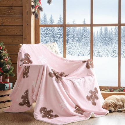 Pink Throw Blanket - Christmas Fluffy Blanket with Gingerbread and Snowflake Pattern - Reversible Sherpa Fleece Soft Blanket - Cozy Lightweight Throw Blanket for Couch Bed Sofa, 50x60 Inches.