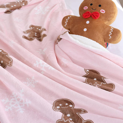 Pink Throw Blanket - Christmas Fluffy Blanket with Gingerbread and Snowflake Pattern - Reversible Sherpa Fleece Soft Blanket - Cozy Lightweight Throw Blanket for Couch Bed Sofa, 50x60 Inches.