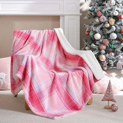 Christmas Plaid Pink Blanket - Soft Sherpa & Flannel Throw Blanket for Couch and Bed, Lightweight Cozy Checkered Fleece Blanket 50x60 Inches - Classic Buffalo Style for Christmas Decor.