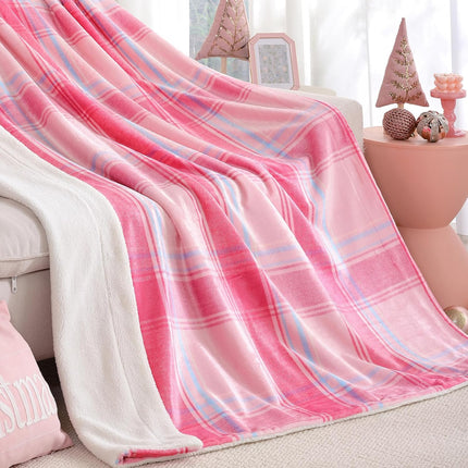 Christmas Plaid Pink Blanket - Soft Sherpa & Flannel Throw Blanket for Couch and Bed, Lightweight Cozy Checkered Fleece Blanket 50x60 Inches - Classic Buffalo Style for Christmas Decor.