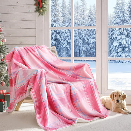 Christmas Plaid Pink Blanket - Soft Sherpa & Flannel Throw Blanket for Couch and Bed, Lightweight Cozy Checkered Fleece Blanket 50x60 Inches - Classic Buffalo Style for Christmas Decor.