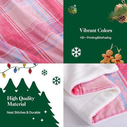 Christmas Plaid Pink Blanket - Soft Sherpa & Flannel Throw Blanket for Couch and Bed, Lightweight Cozy Checkered Fleece Blanket 50x60 Inches - Classic Buffalo Style for Christmas Decor.