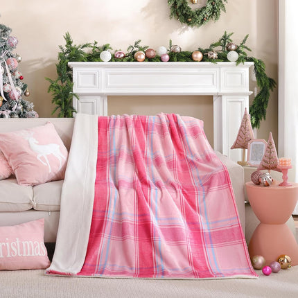 Christmas Plaid Pink Blanket - Soft Sherpa & Flannel Throw Blanket for Couch and Bed, Lightweight Cozy Checkered Fleece Blanket 50x60 Inches - Classic Buffalo Style for Christmas Decor.