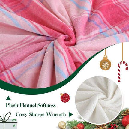 Christmas Plaid Pink Blanket - Soft Sherpa & Flannel Throw Blanket for Couch and Bed, Lightweight Cozy Checkered Fleece Blanket 50x60 Inches - Classic Buffalo Style for Christmas Decor.