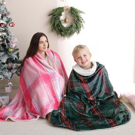 Christmas Plaid Pink Blanket - Soft Sherpa & Flannel Throw Blanket for Couch and Bed, Lightweight Cozy Checkered Fleece Blanket 50x60 Inches - Classic Buffalo Style for Christmas Decor.