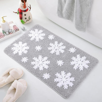 Christmas Grey Snowflake Bath Mat for Bathroom - Cute Absorbent Washable Bathroom Rugs with Non Slip Backing - Fun Snowflake Bathroom Mat for Christmas Decorations.