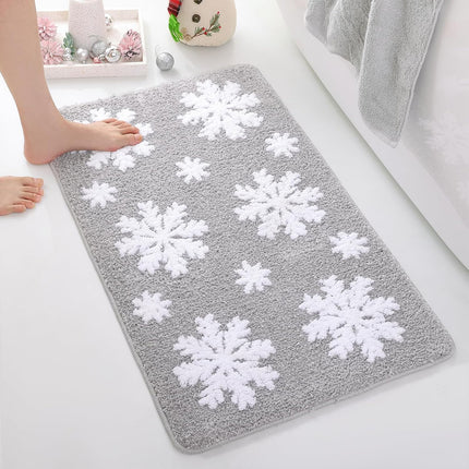 Christmas Grey Snowflake Bath Mat for Bathroom - Cute Absorbent Washable Bathroom Rugs with Non Slip Backing - Fun Snowflake Bathroom Mat for Christmas Decorations.