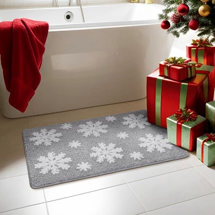 Christmas Grey Snowflake Bath Mat for Bathroom - Cute Absorbent Washable Bathroom Rugs with Non Slip Backing - Fun Snowflake Bathroom Mat for Christmas Decorations.