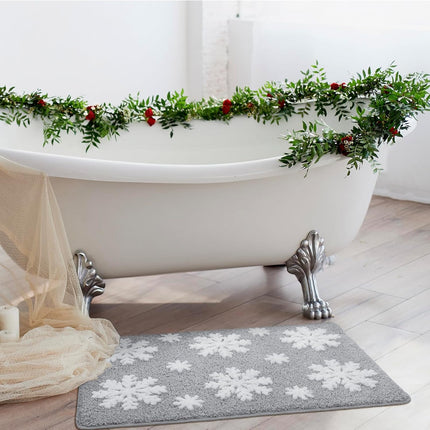 Christmas Grey Snowflake Bath Mat for Bathroom - Cute Absorbent Washable Bathroom Rugs with Non Slip Backing - Fun Snowflake Bathroom Mat for Christmas Decorations.