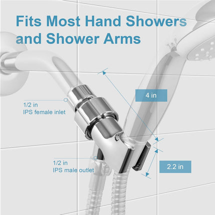 Shower Head Holder for Handheld Shower Head, Adjustable Shower Arm Mount for Connecting Shower Arm and Shower Hose, 1/2 Inch IPS Female Inlet and Male Outlet, Chrome Finish.