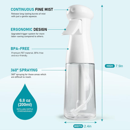 Spray Bottle For Hair, Continuous Mister Empty Spray Bottles, Ultra Fine Mist Water Sprayer for Hairstyling, Cleaning, Plants, Pets, Barbers, Salons, Essential Oil Scents - 2 Pack 6.8 OZ.