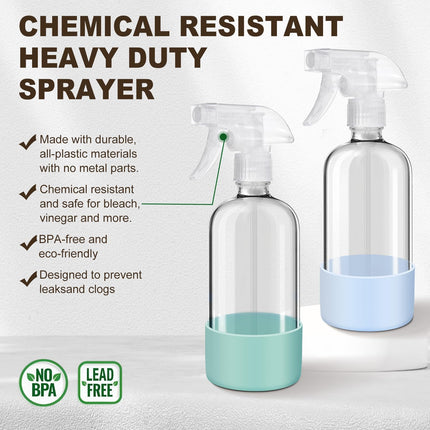 Glass Spray Bottles with Silicone Sleeves (2 Pack, 16 oz), Mist and Stream Empty Refillable Containers, Water Sprayer Misting Bottle for Cleaning Solutions, Planting, Hair Spraying, Green & Grey.