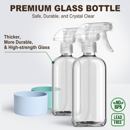 Glass Spray Bottles with Silicone Sleeves (2 Pack, 16 oz), Mist and Stream Empty Refillable Containers, Water Sprayer Misting Bottle for Cleaning Solutions, Planting, Hair Spraying, Green & Grey.