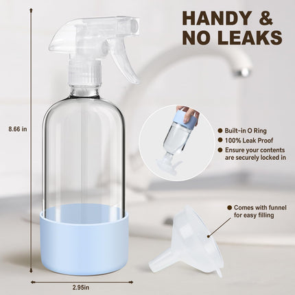 Glass Spray Bottles with Silicone Sleeves (2 Pack, 16 oz), Mist and Stream Empty Refillable Containers, Water Sprayer Misting Bottle for Cleaning Solutions, Planting, Hair Spraying, Green & Grey.