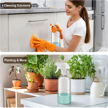 Glass Spray Bottles with Silicone Sleeves (2 Pack, 16 oz), Mist and Stream Empty Refillable Containers, Water Sprayer Misting Bottle for Cleaning Solutions, Planting, Hair Spraying, Green & Grey.