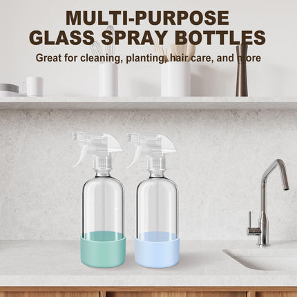 Glass Spray Bottles with Silicone Sleeves (2 Pack, 16 oz), Mist and Stream Empty Refillable Containers, Water Sprayer Misting Bottle for Cleaning Solutions, Planting, Hair Spraying, Green & Grey.