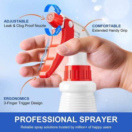 Spray Bottles (4 Pack, 24 Oz) Refillable Empty Plastic Water Spraying Bottle for Cleaning Solutions, Hair Spray, Car Detail, Watering Plants, Heavy Duty Mist Stream Sprayer with Measurement.