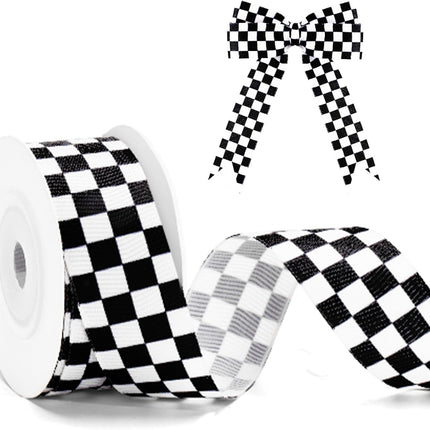 Black and White Checkered Ribbon - Racing Car Theme Black Grosgrain Buffalo Plaid Ribbon for Gift Wrapping, 1 in x 10 Yds White Gingham Ribbons for Crafts, Wreath, and Racing Cakes Decor.