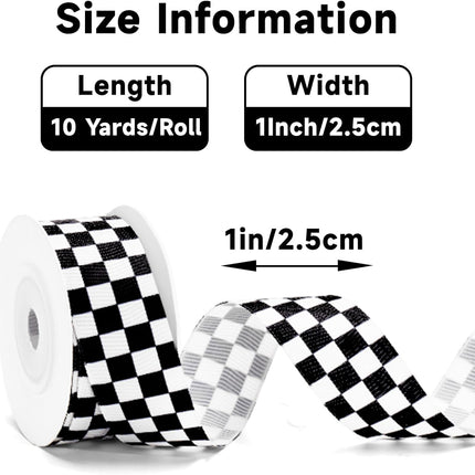 Black and White Checkered Ribbon - Racing Car Theme Black Grosgrain Buffalo Plaid Ribbon for Gift Wrapping, 1 in x 10 Yds White Gingham Ribbons for Crafts, Wreath, and Racing Cakes Decor.