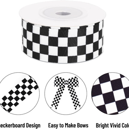 Black and White Checkered Ribbon - Racing Car Theme Black Grosgrain Buffalo Plaid Ribbon for Gift Wrapping, 1 in x 10 Yds White Gingham Ribbons for Crafts, Wreath, and Racing Cakes Decor.