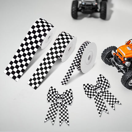 Black and White Checkered Ribbon - Racing Car Theme Black Grosgrain Buffalo Plaid Ribbon for Gift Wrapping, 1 in x 10 Yds White Gingham Ribbons for Crafts, Wreath, and Racing Cakes Decor.