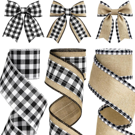 Buffalo Plaid Ribbon Wired – 3 Rolls 2.5'' x 18 Yards, Burlap Black and White Plaid Ribbons for Crafts, Christmas Gift Wrapping, Wreaths and Decoration.