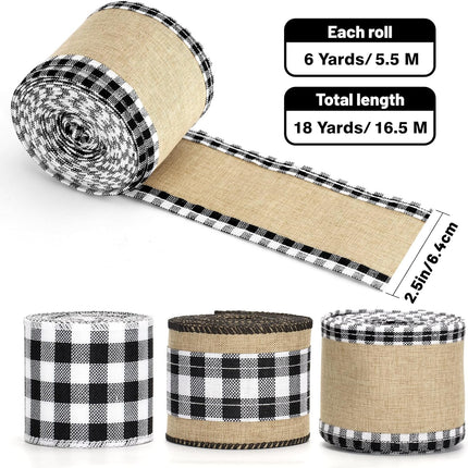 Buffalo Plaid Ribbon Wired – 3 Rolls 2.5'' x 18 Yards, Burlap Black and White Plaid Ribbons for Crafts, Christmas Gift Wrapping, Wreaths and Decoration.
