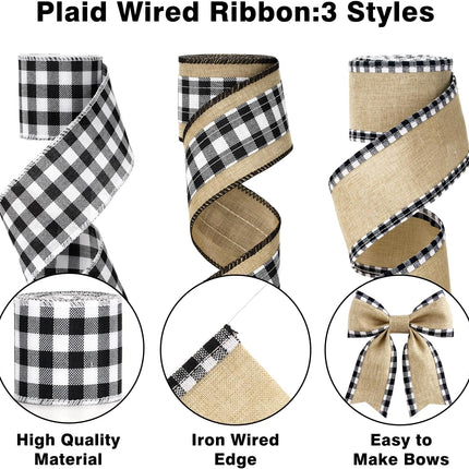 Buffalo Plaid Ribbon Wired – 3 Rolls 2.5'' x 18 Yards, Burlap Black and White Plaid Ribbons for Crafts, Christmas Gift Wrapping, Wreaths and Decoration.