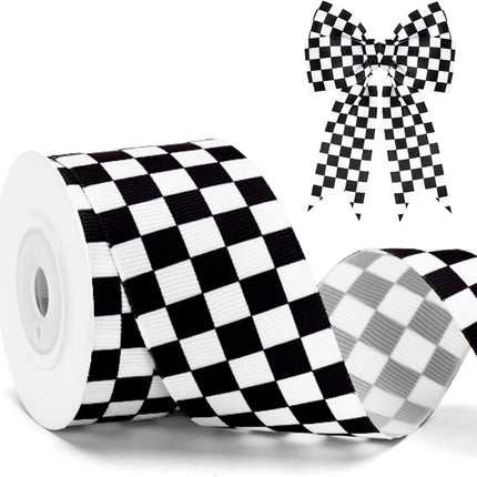 Black and White Checkered Ribbon - Racing Car Theme Black Grosgrain Buffalo Plaid Ribbon for Gift Wrapping, 1.5 in x 10 Yds White Gingham Ribbons for Crafts, Wreath, and Racing Cakes Decor.