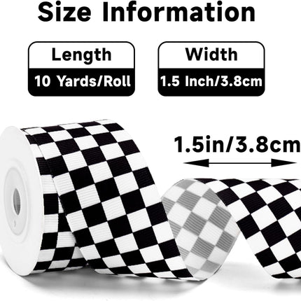 Black and White Checkered Ribbon - Racing Car Theme Black Grosgrain Buffalo Plaid Ribbon for Gift Wrapping, 1.5 in x 10 Yds White Gingham Ribbons for Crafts, Wreath, and Racing Cakes Decor.