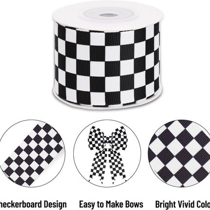 Black and White Checkered Ribbon - Racing Car Theme Black Grosgrain Buffalo Plaid Ribbon for Gift Wrapping, 1.5 in x 10 Yds White Gingham Ribbons for Crafts, Wreath, and Racing Cakes Decor.