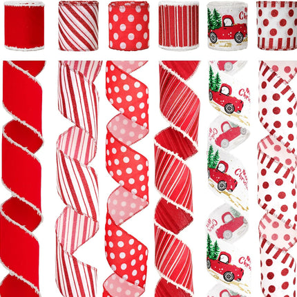 Christmas Ribbon Wired 2.5" x 30 Yards Red and White Ribbon for Christmas Tree Ribbon 6 Rolls Red White Wired Candy Cane Ribbons for Crafts Gift Wrapping Wreath Holiday Decor.