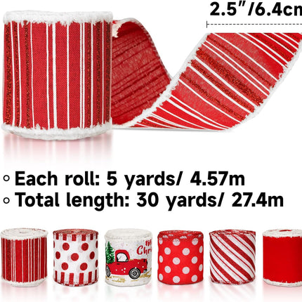 Christmas Ribbon Wired 2.5" x 30 Yards Red and White Ribbon for Christmas Tree Ribbon 6 Rolls Red White Wired Candy Cane Ribbons for Crafts Gift Wrapping Wreath Holiday Decor.