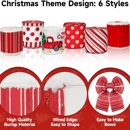 Christmas Ribbon Wired 2.5" x 30 Yards Red and White Ribbon for Christmas Tree Ribbon 6 Rolls Red White Wired Candy Cane Ribbons for Crafts Gift Wrapping Wreath Holiday Decor.