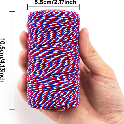 Cotton Twine Red White and Blue Twine String 2mm Thick 328 Feet Bakers Cotton String for Patriotic Day Gift Wrapping DIY Crafts and Floral Bouquet.