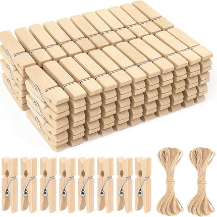 Mini Clothespins Wooden - Small Clothes Pins for Crafts 1.4 Inch,50 Pcs Natural Clothespins Clips with Jute String for Hanging Pictures,Photo Displays,Baby Cloth,Classroom Arts.