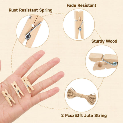 Mini Clothespins Wooden - Small Clothes Pins for Crafts 1.4 Inch,50 Pcs Natural Clothespins Clips with Jute String for Hanging Pictures,Photo Displays,Baby Cloth,Classroom Arts.