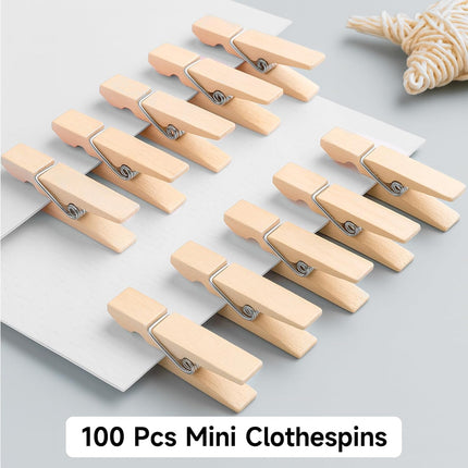 Mini Clothespins Wooden - Small Clothes Pins for Crafts 1.4 Inch,50 Pcs Natural Clothespins Clips with Jute String for Hanging Pictures,Photo Displays,Baby Cloth,Classroom Arts.