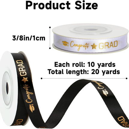 2 Rolls 2026 Graduation Ribbon - 3/8'' x 20 Yards Congrats Grad Gold Satin Ribbon for Gift Wrapping Class of 2026 Graduation Party Decorations DIY Crafts Black and White with Gold Printing.