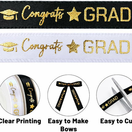 2 Rolls 2026 Graduation Ribbon - 3/8'' x 20 Yards Congrats Grad Gold Satin Ribbon for Gift Wrapping Class of 2026 Graduation Party Decorations DIY Crafts Black and White with Gold Printing.