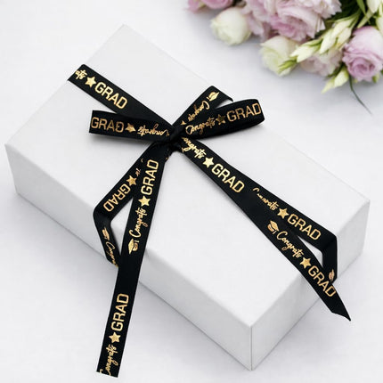 2 Rolls 2026 Graduation Ribbon - 3/8'' x 20 Yards Congrats Grad Gold Satin Ribbon for Gift Wrapping Class of 2026 Graduation Party Decorations DIY Crafts Black and White with Gold Printing.