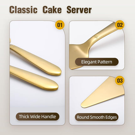 Cake Server, Wedding Cake Cutting Set 2 Piece Gold Cake Cutter, Stainless Steel Pie Server with Smooth Edge and Exquisite Pattern Design for Pastry Pizza Dessert.