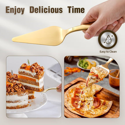 Cake Server, Wedding Cake Cutting Set 2 Piece Gold Cake Cutter, Stainless Steel Pie Server with Smooth Edge and Exquisite Pattern Design for Pastry Pizza Dessert.