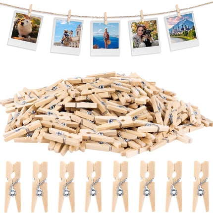 Mini Clothespins for Photo - 200 Pcs 1 Inch Small Natural Wooden Clothes Pins for Crafts with 33 FT Jute Twine Mini Photo Clips for Photos Display Cocktail Decoration.