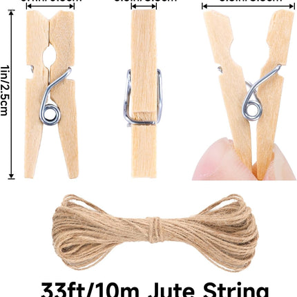 Mini Clothespins for Photo - 200 Pcs 1 Inch Small Natural Wooden Clothes Pins for Crafts with 33 FT Jute Twine Mini Photo Clips for Photos Display Cocktail Decoration.