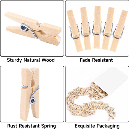 Mini Clothespins for Photo - 200 Pcs 1 Inch Small Natural Wooden Clothes Pins for Crafts with 33 FT Jute Twine Mini Photo Clips for Photos Display Cocktail Decoration.