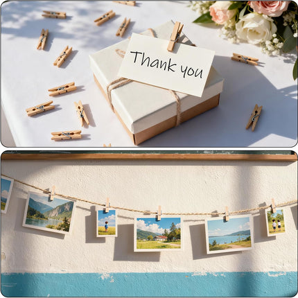 Mini Clothespins for Photo - 200 Pcs 1 Inch Small Natural Wooden Clothes Pins for Crafts with 33 FT Jute Twine Mini Photo Clips for Photos Display Cocktail Decoration.