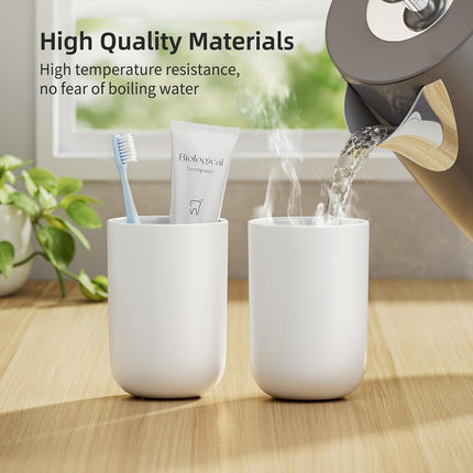 Toothbrush Cup 13oz 380ml, Unbreakable Reusable Bathroom Tumbler 2Pcs, Non-Slip Plastic Bathroom Cup Toothbrush Holders for Bathroom White.
